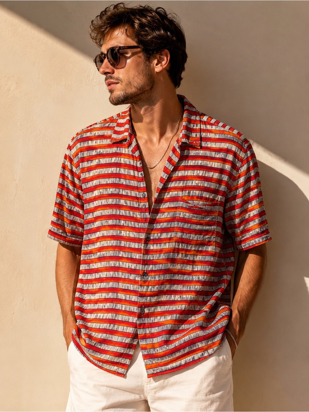 Tasso Elba Silk Blend Camp Shirt Men’s Large Retro Stripe Button Up